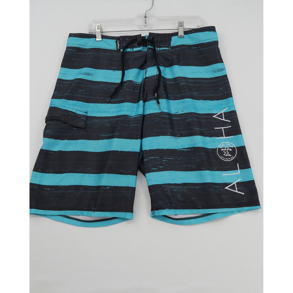 Da Hui Hawaii Board Shorts Mens Black Teal Blue Striped Aloha Surf Trunks
